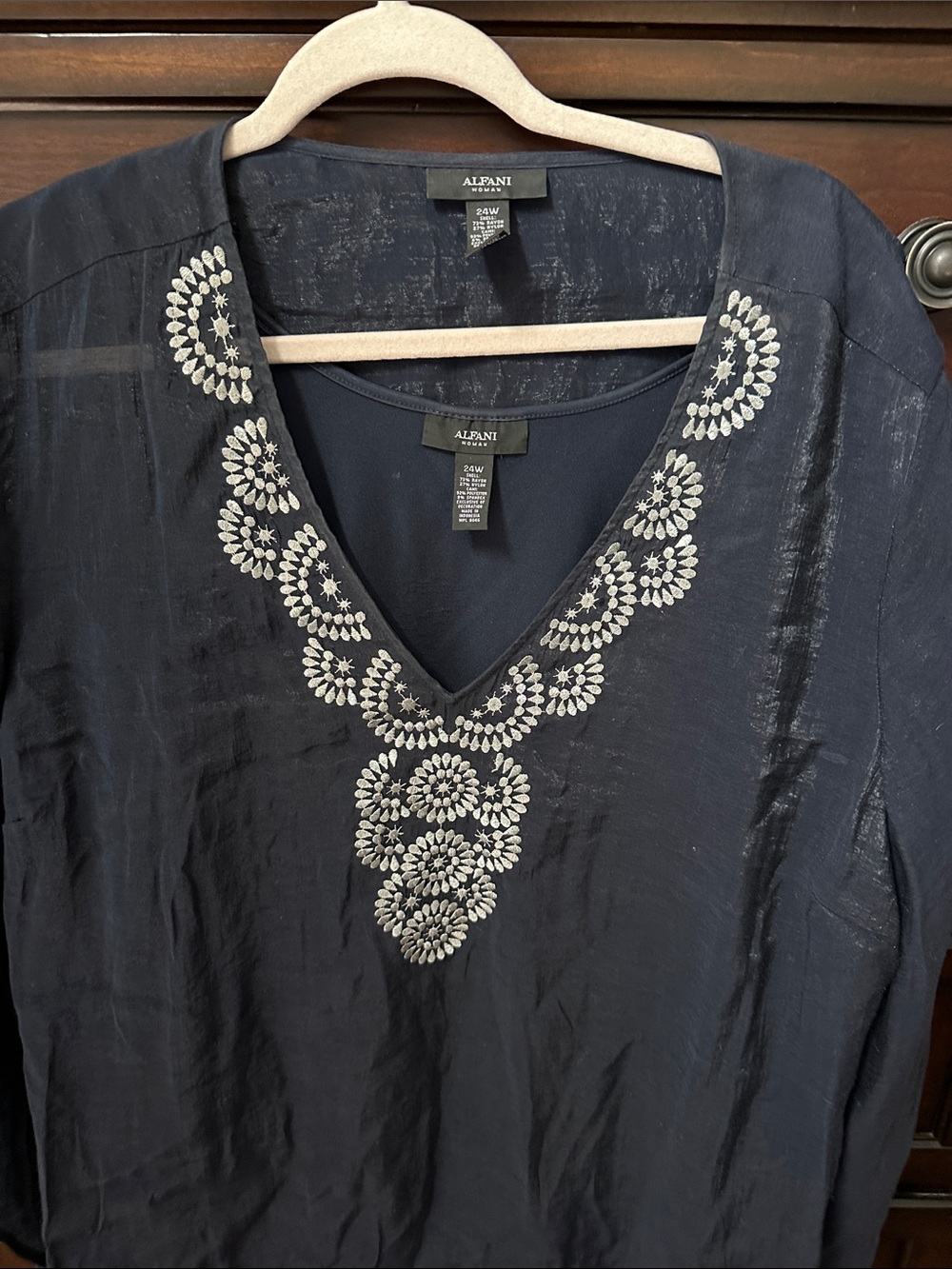 Alfani Navy Tunic with White Floral Embroidered V-Neck